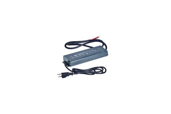 An image of a power supply, with a power plug on one end and exposed red and black wires on the other. the device is on a plain white.