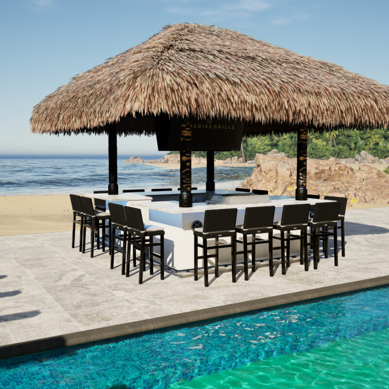 The image depicts the Abaco 14x16 Outdoor Kitchen featuring the HSL-32 Hibachi Griddle Station, along with accessories and stools