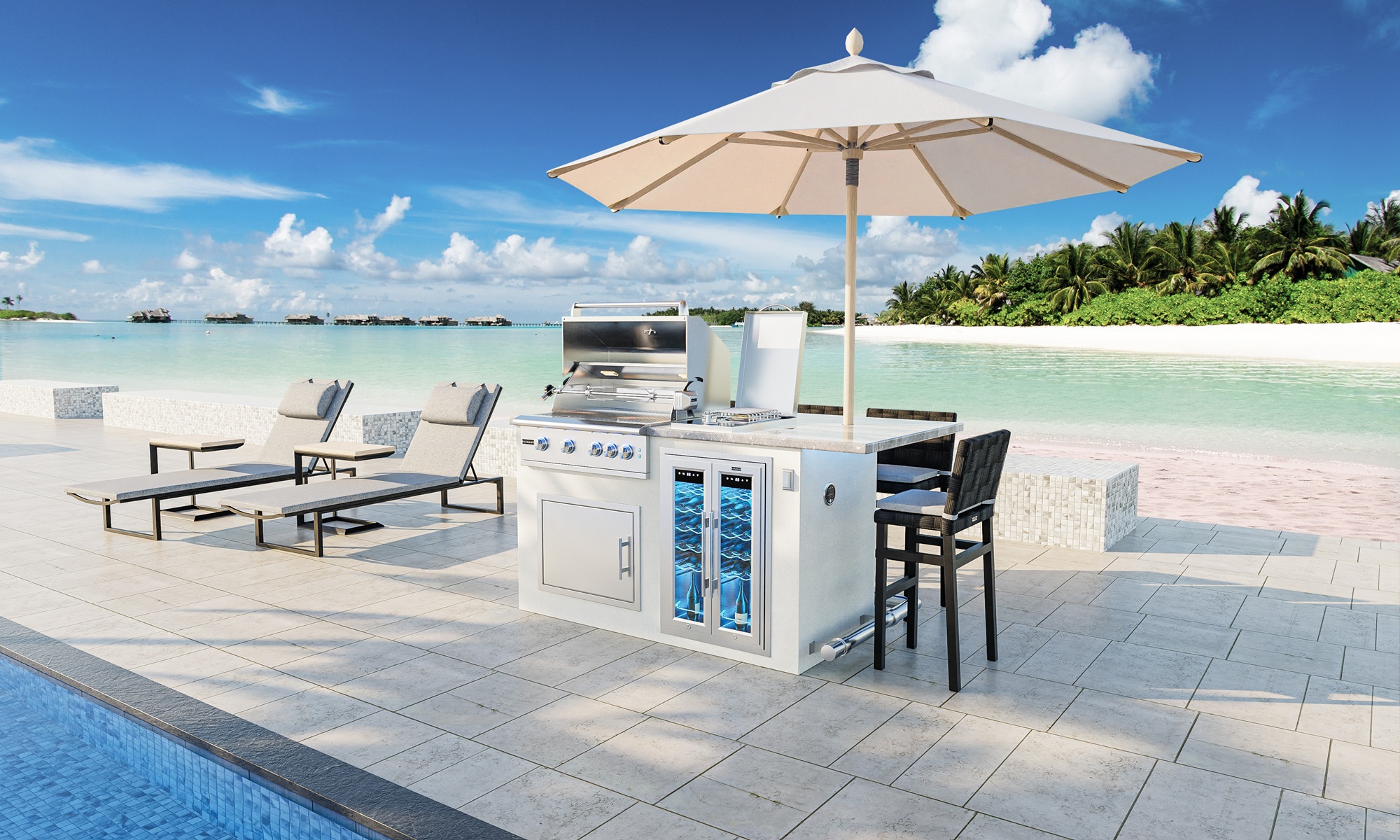 An image depicting the Aruba 6 Outdoor Kitchen featuring a GSL-32 Professional Grill, accompanied by accessories including a wine cooler, side burner, and stools.