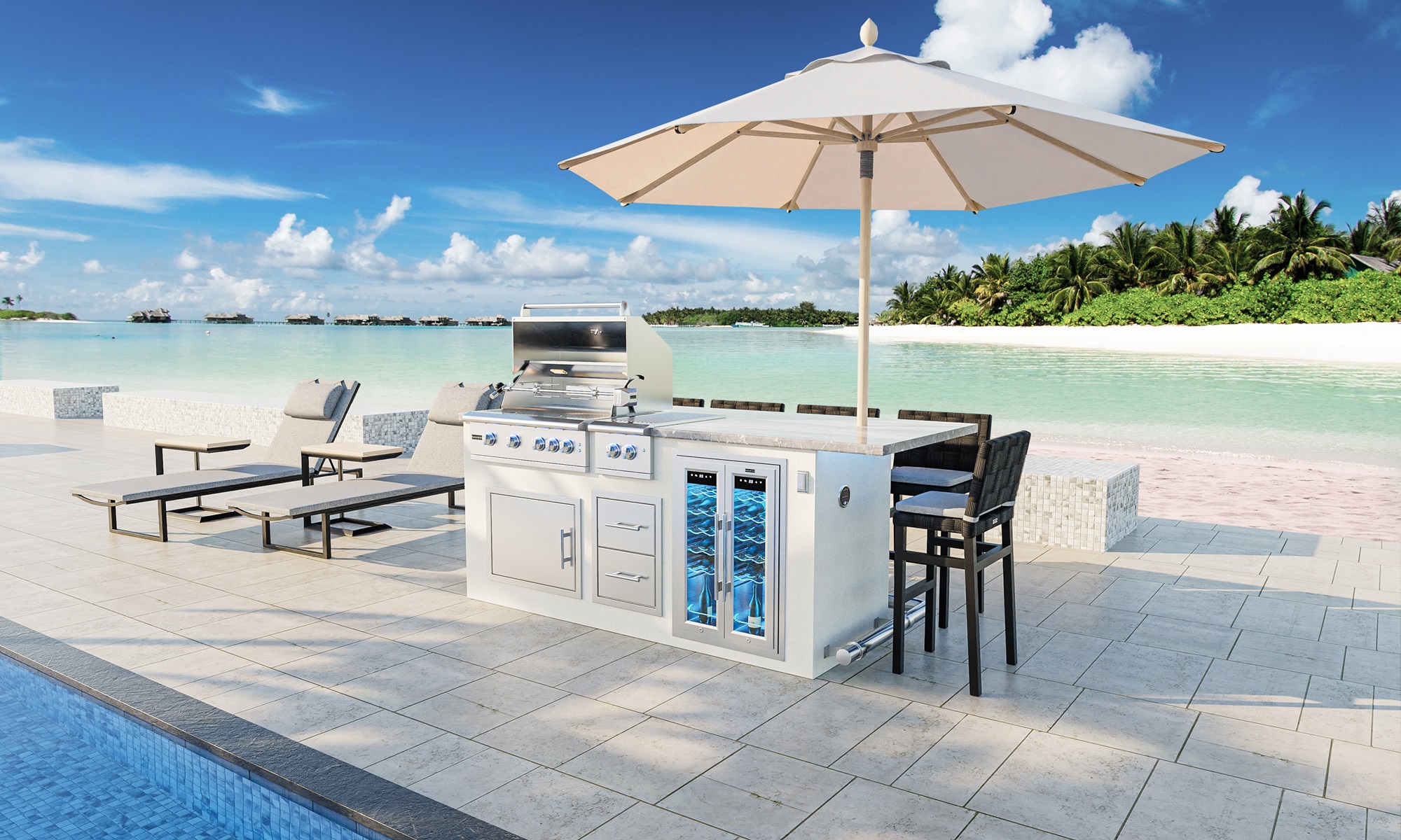 An image depicting the Aruba 8 Outdoor Kitchen featuring a GSL-32 Professional Grill, accompanied by accessories including a wine cooler, double side burner, and stools.