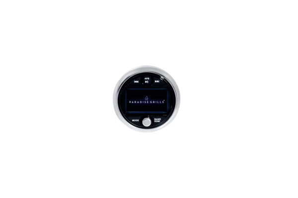 A stereo audio controller with a shiny silver border displaying the "paradise grills" logo, surrounded by mode and setting buttons on a white background.