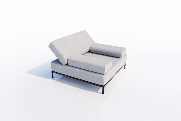 A modern light gray Sofa Chair with a minimalistic design, featuring a slanted backrest and clean lines, set against a plain, bright white background.