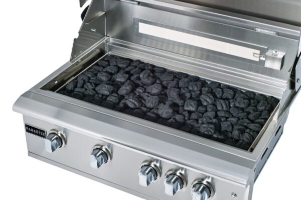 GS- Premium Grill with Close-up of a Charcoal Conversion tray filled with Charcoal.