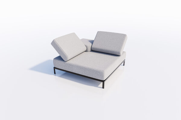 The Patio Sofa Corner Connect with a gray upholstery and black metal frame, situated on a plain white background. 