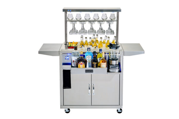 A fully stocked, modern CSL – 32 Cocktail Station with a cart, and accessories, set against a white background.