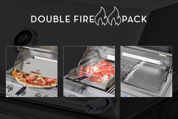 The "DOUBLE FIRE PACK - Professional Pizza, Fryer/Steamer, Charcoal Conversions" grill is depicted with three images: a pizza with tomatoes and cheese on a metal plate, red lobsters in a grilling basket, and a flat grilling surface featuring a knob. A temperature gauge appears in the background.