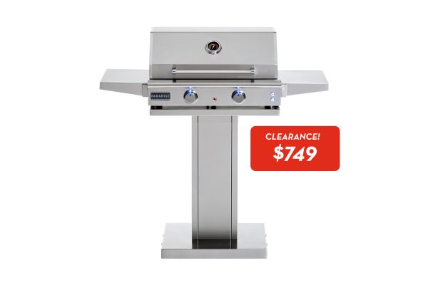The ESL - 24 Electric Grill, made of stainless steel with two control knobs and a built-in thermometer, is shown on a white background. A red sign beside it announces, "CLEARANCE! $749.