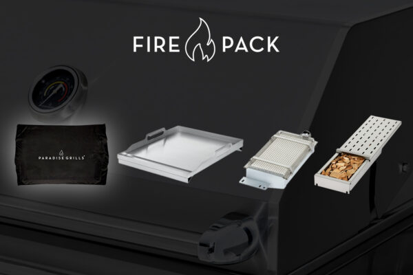 A promotional image for "FIRE PACK" showcasing various grill accessories, including an IR Sear conversion, Wood Chip/Charcoal Smoker Conversion, Griddle/Hibachi Conversion and Grill Cover, all displayed on a sleek black background with the logo on top.