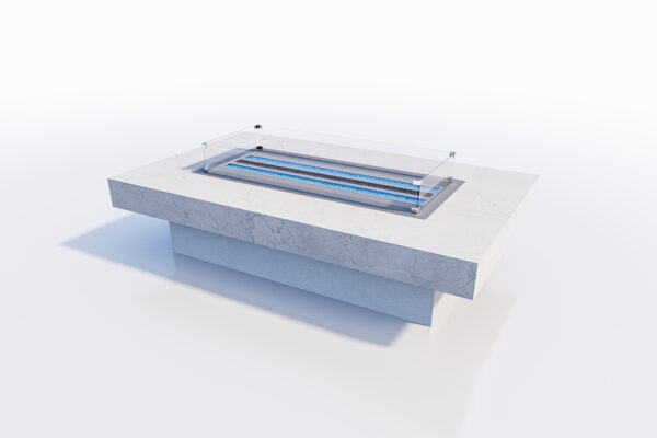 A minimalist, modern patio fire pit featuring a marble texture with transparent glass and a sleek, embedded blue light strip.