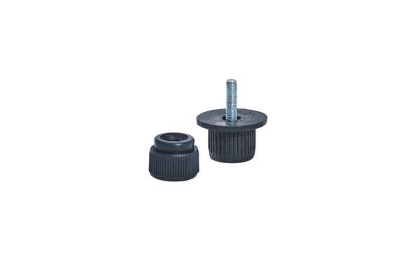An image of a black plastic Fridge Feet next to its cylindrical cap, featuring ridged sides for grip, with a metal threaded bolt protruding from the center.