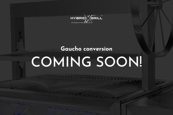 An advertisement image featuring a close-up of a hybrid x grill with "Gaucho Conversion #8 Coming Soon" text overlay on a dark background.