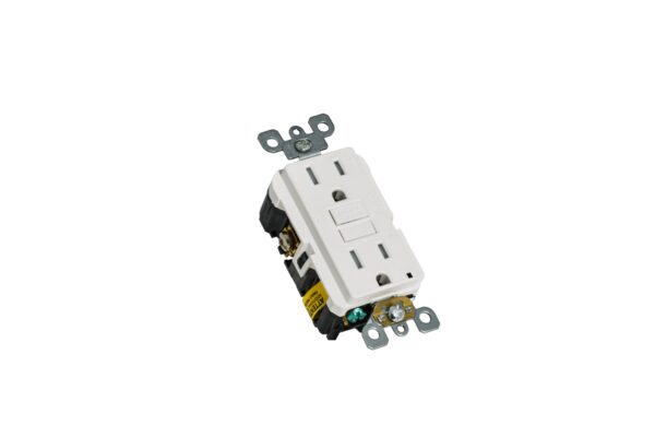 A white electrical gfci (ground fault circuit interrupter) outlet isolated on a white background, showing front and side views with visible wiring terminals.