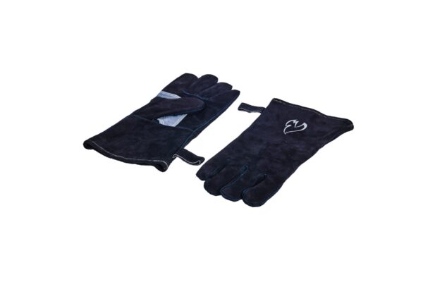 A pair of pizza conversion brick gloves with a light gray patch and a logo on the back laid flat against a white background.