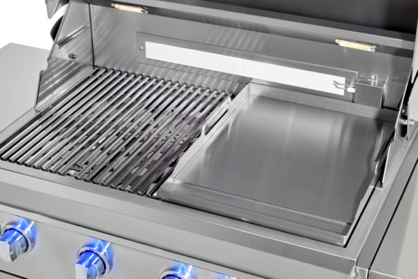 Close-up view of a Professional Hibachi Conversion with the grill lid open, showing the grill internal lights and grates.
