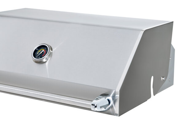 Close-up view of the GS–32 Premium Grill hood with the temp gauge.