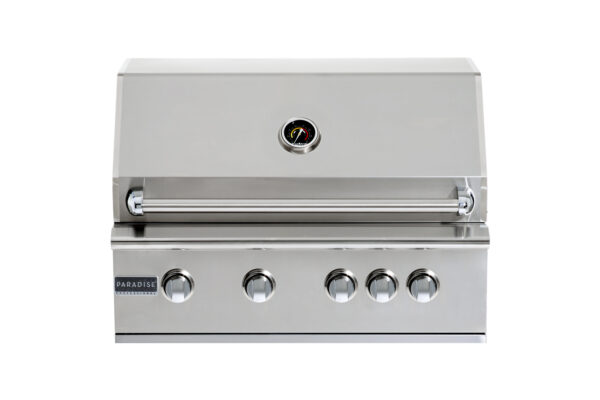 the image depicts the GS–32 Premium Grill with five knobs, displayed against a white background.