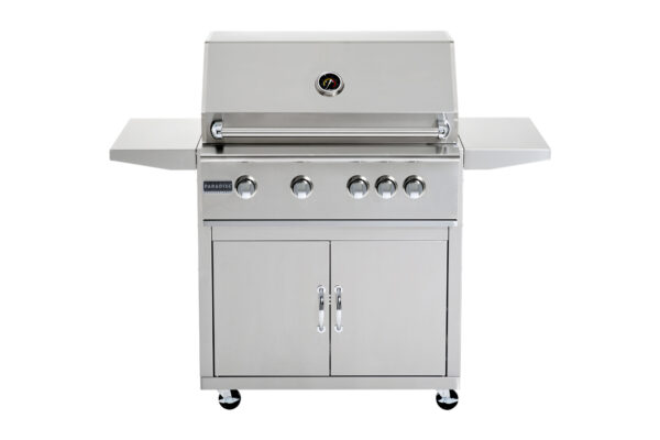 the image depicts the GS–32 Premium Grill with cart, and five knobs, displayed against a white background. The grill features two side shelves, and storage cabinets below. It is mounted on four wheels for mobility.