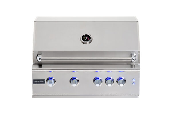 the image depicts the GSL–32 Professional Grill with blue led lights above five knobs, displayed against a white background.