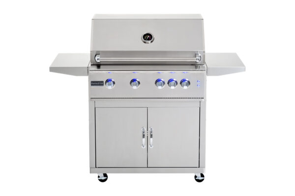 the image depicts the GSL–32 Professional Grill with cart, with blue led lights above five knobs, displayed against a white background.