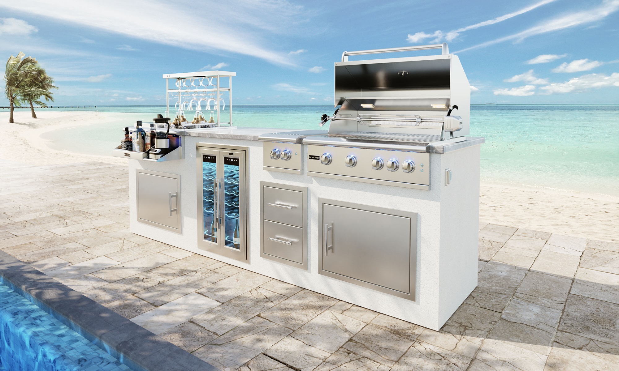 the image depicts the GX 10 Kitchen island with the GSL-32 Professional Grill, and CSL–32 Cocktail Station, accompanied by accessories including a wine fridge and double side burner.