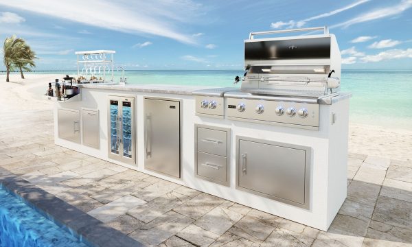 the image depicts the GX 14 Kitchen island with the GSL-32 Professional Grill, and CSL–32 Cocktail Station, accompanied by accessories including a wine fridge, sink, and double side burner.