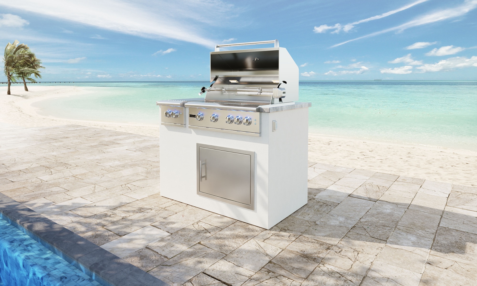 the image depicts the GX 4 Kitchen island with the GSL-32 Professional Grill