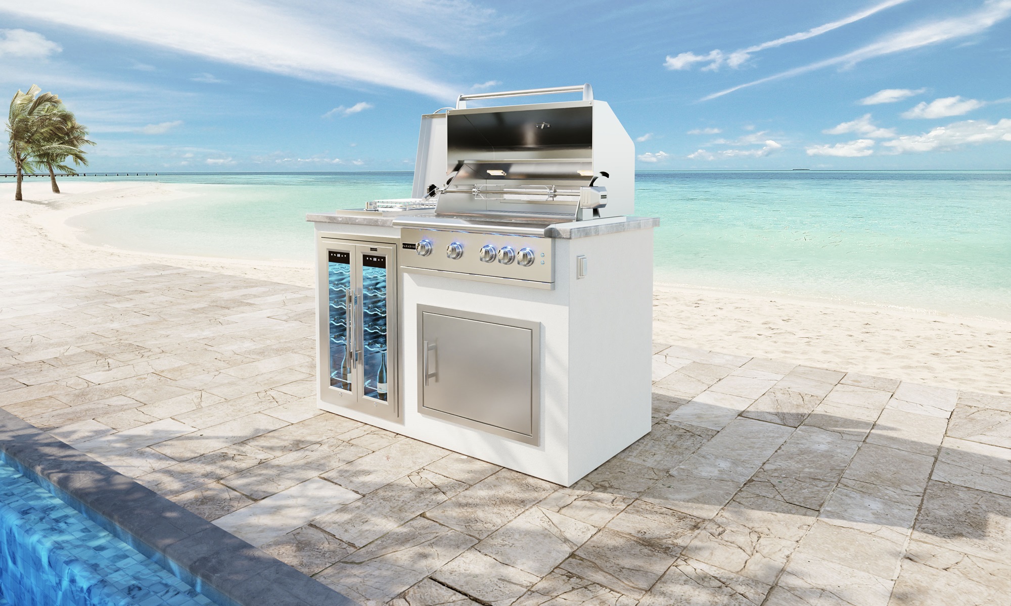 the image depicts the GX 5 Kitchen island with the GSL-32 Professional Grill, accompanied by accessories including a wine fridge and side burner.