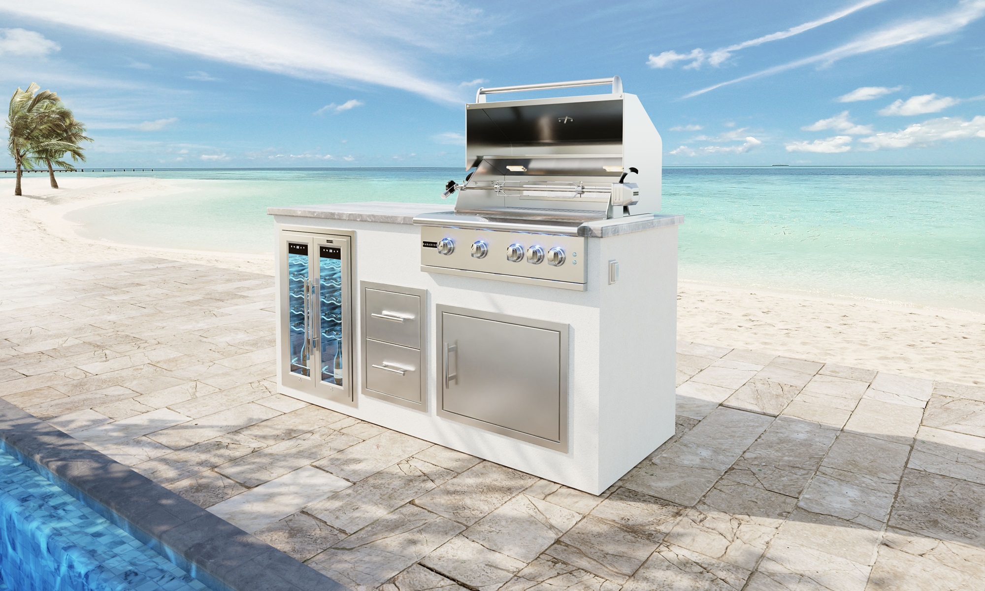 the image depicts the GX 6 Kitchen island with the GSL-32 Professional Grill, accompanied by accessories including a wine fridge.