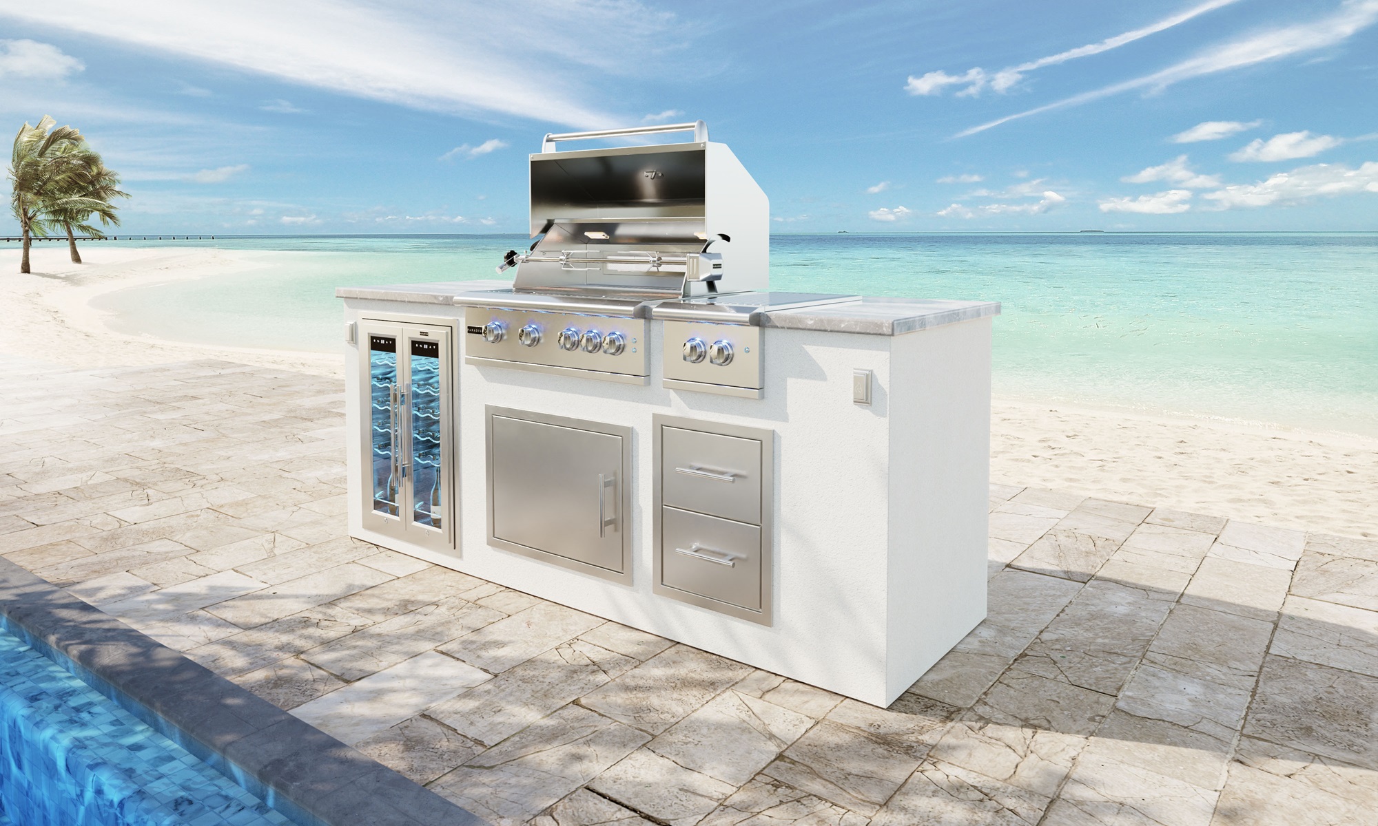 the image depicts the GX 8 Kitchen island with the GSL-32 Professional Grill, accompanied by accessories including a wine fridge and double side burner.