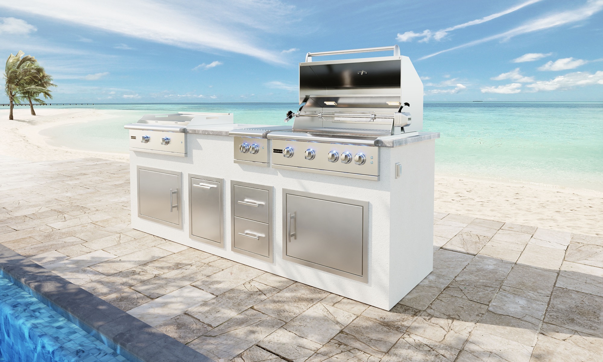 the image depicts the GX 9 Kitchen island with the GSL-32 Professional Grill, HSL-32 Hibachi Griddle Station accompanied by accessories.