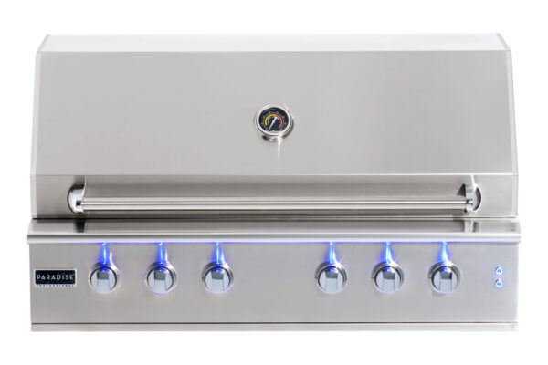 the GXL–45 Professional Grill with blue led lights above six knobs, displayed against a white background.