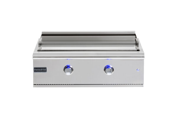 the HSL – 32 Hibachi Griddle Station with two control knobs and blue led lights, branded with the "paradise" logo on the front.