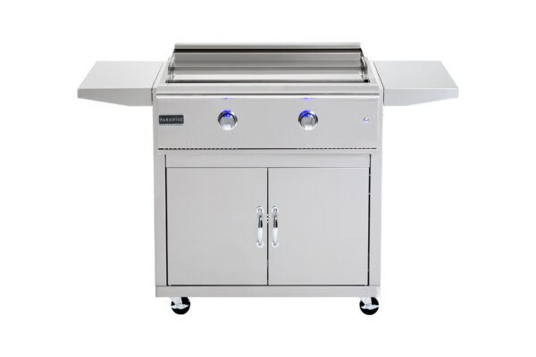 the HSL–32 Hibachi Griddle Station with Cart, with two side trays extended, two burner control knobs and blue led lights, on wheels, isolated on a white background.