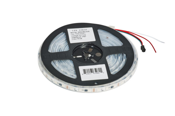 A spool of Blue Tooth LED light kit with a label indicating specifications like model, voltage, and color. wires extend from one end of the strip, set against a white background.
