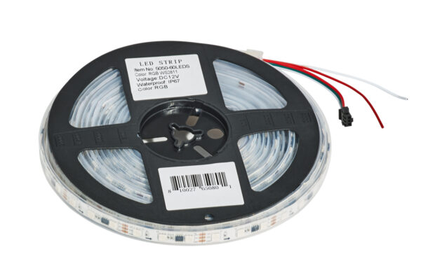 A spool of Blue Tooth LED light kit with a label indicating specifications like model, voltage, and color. wires extend from one end of the strip, set against a white background.