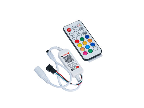 An led strip light controller with an attached white remote featuring multiple colored and numbered buttons, isolated on a white background.