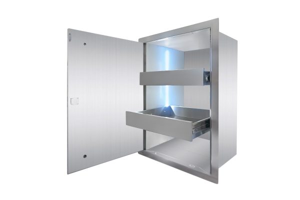 An Outdoor Locking Liquor Shelf, crafted from stainless steel and designed to be wall-mounted, features an open door revealing two pull-out trays. Its sleek, modern design boasts a brushed metal finish. Inside, soft blue lighting enhances the spacious shelves.