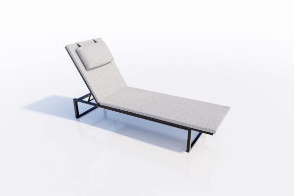 A modern patio lounge chair with a gray cushion, set against a plain white background.