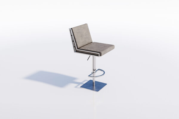 A Milos Premium bar stool with a gray cushioned seat and backrest, featuring a chrome base with a footrest, on a white reflective surface.