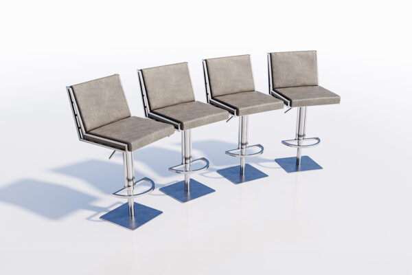 Four Milos Premium bar stools with gray upholstery and chrome bases, aligned in a row on a reflective white surface.