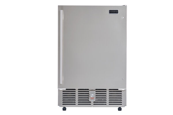 A Professional Outdoor Ice Maker with a prominent front vent and a handle on the right side, isolated on a white background.