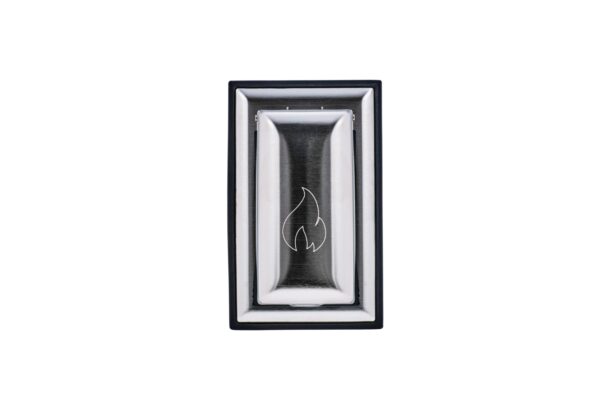 A modern outlet with a sleek, rectangular design featuring a black border and a centered, shiny metal toggle marked with a simple, stylized flame symbol.