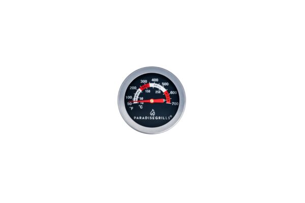 A close-up image of a temperature gauge from paradise grills, showing dual-scale readings in fahrenheit and celsius, with temperature range marked from 50 to 700 degrees.