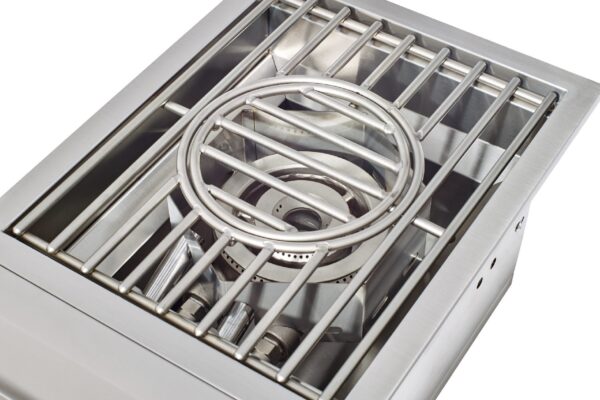 Close-up of a GSL Professional Power Burner with intricate burner rings and grates, isolated on a white background.