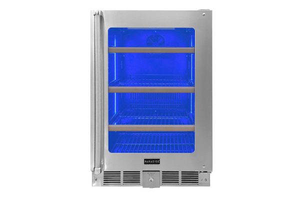 The Professional Outdoor Fridge is a stainless steel mini fridge featuring a glass door that reveals three shelves illuminated with blue lighting. It includes a bottom ventilation panel and a vertical handle on the left side of the door.