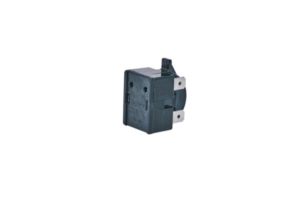 A black, rectangular Relay with two metal prongs and a plastic housing, designed for use in electronic circuits. The background is white.