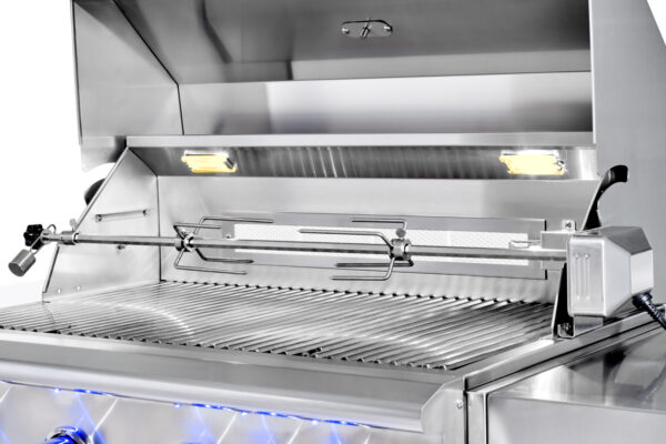 Close-up view of a Rotisserie Conversion with the grill lid open, showing the grill internal lights and grates.