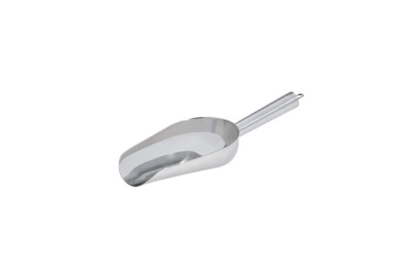 A shiny metallic Scoop with a long handle, isolated on a white background, used for ice cubes.