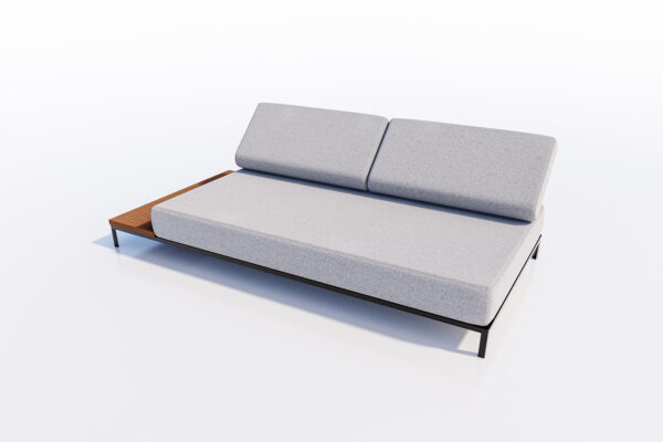 Modern minimalist patio sofa with light gray upholstery and a wooden End Table on the left side, isolated on a white background.
