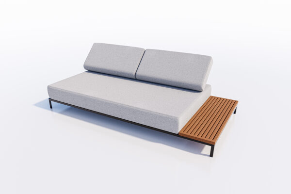 Modern minimalist patio sofa with light gray upholstery and a wooden End Table on the right side, isolated on a white background.